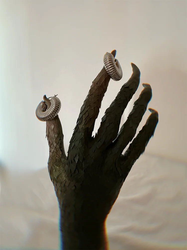 Fairies Whisper Fish Market series silver spiral shell earrings, medium large hoop，with monster finger